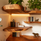 Solid Wood Live-Edge Corner Shelf Tiered Organic Slabs for Cozy Reading Nook