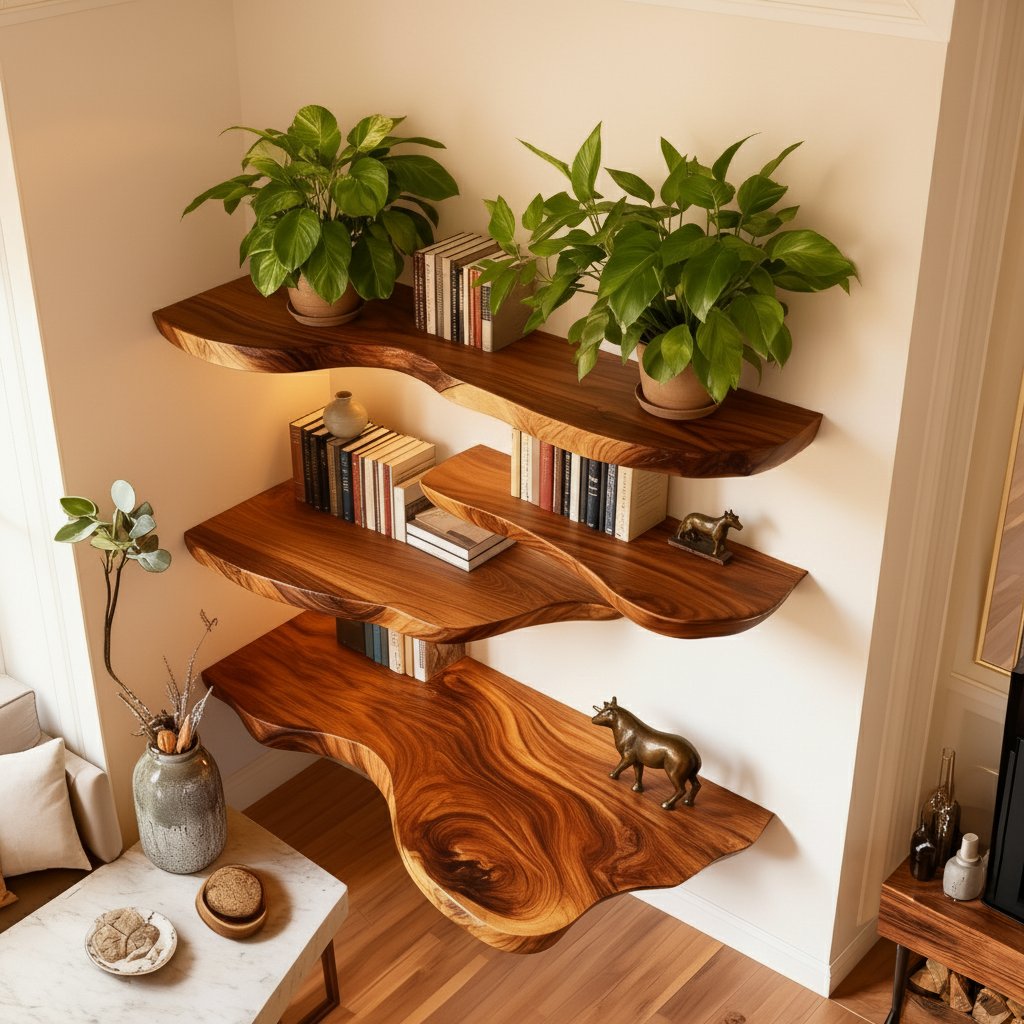 Solid Wood Live-Edge Corner Shelf Tiered Organic Slabs for Cozy Reading Nook