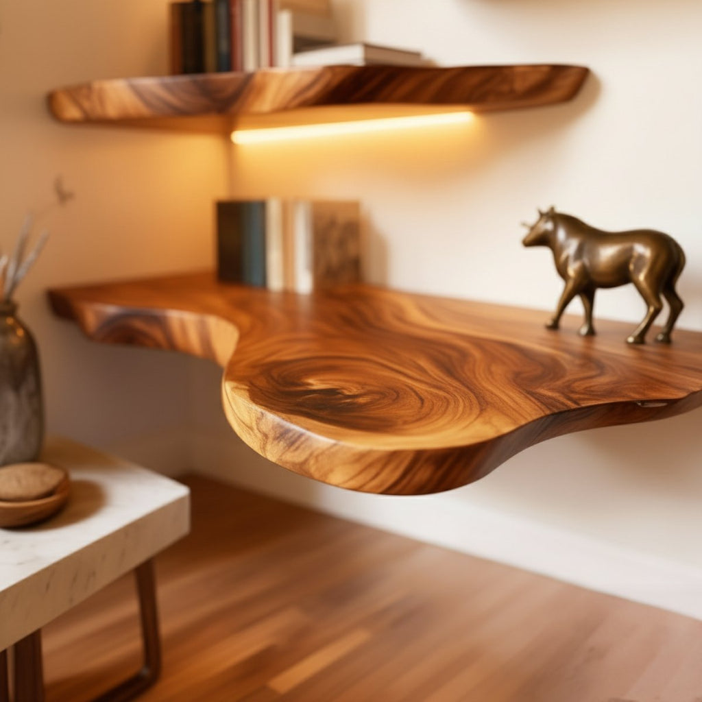 Solid Wood Live-Edge Corner Shelf Tiered Organic Slabs for Cozy Reading Nook