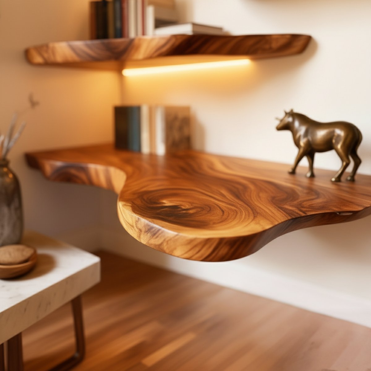 Solid Wood Live-Edge Corner Shelf Tiered Organic Slabs for Cozy Reading Nook