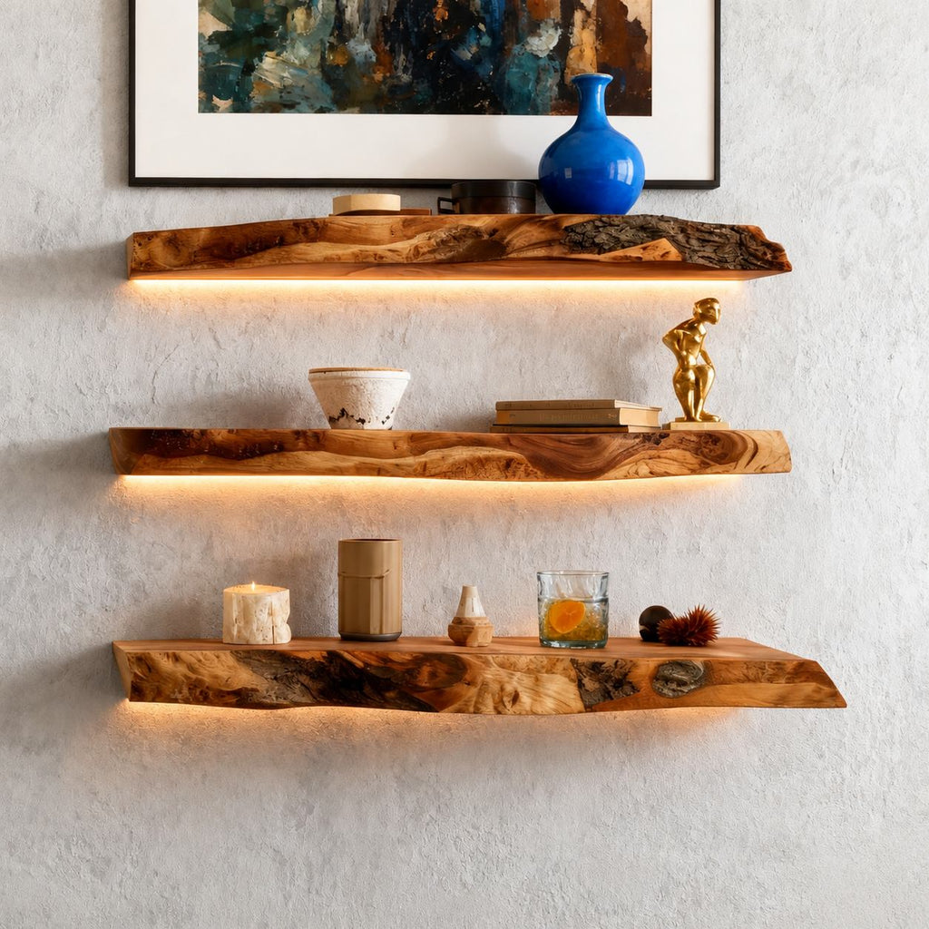 Solid Wood Live-Edge Floating Wall Shelf Tiered Organic Slabs for Modern Living Room