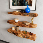 Solid Wood Live-Edge Floating Wall Shelf Tiered Organic Slabs for Modern Living Room