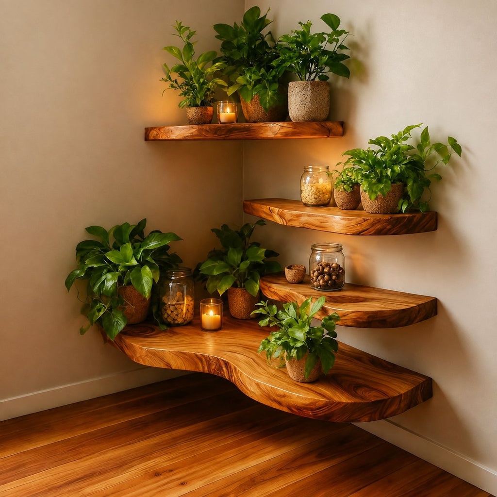 Solid Wood Live-Edge Floating Wall Shelf Wavy Organic Slab for Sunlit Living Room
