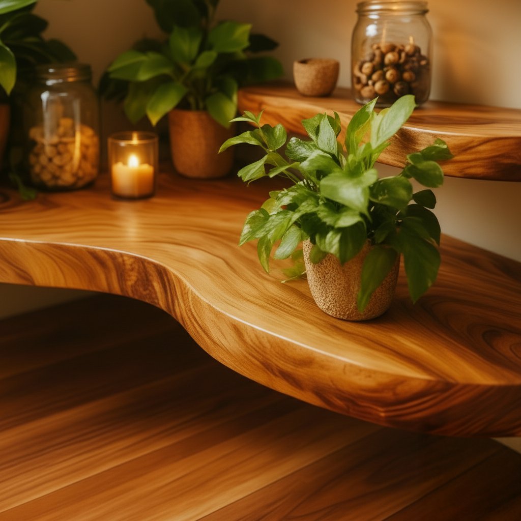 Solid Wood Live-Edge Floating Wall Shelf Wavy Organic Slab for Sunlit Living Room