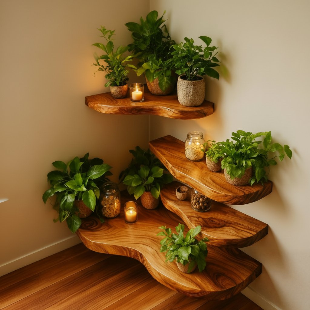 Solid Wood Live-Edge Floating Wall Shelf Wavy Organic Slab for Sunlit Living Room