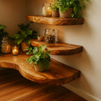 Solid Wood Live-Edge Floating Wall Shelf Wavy Organic Slab for Sunlit Living Room