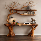 Solid Wood Live-Edge Console Table with Sculptural Tree Base for Entryway