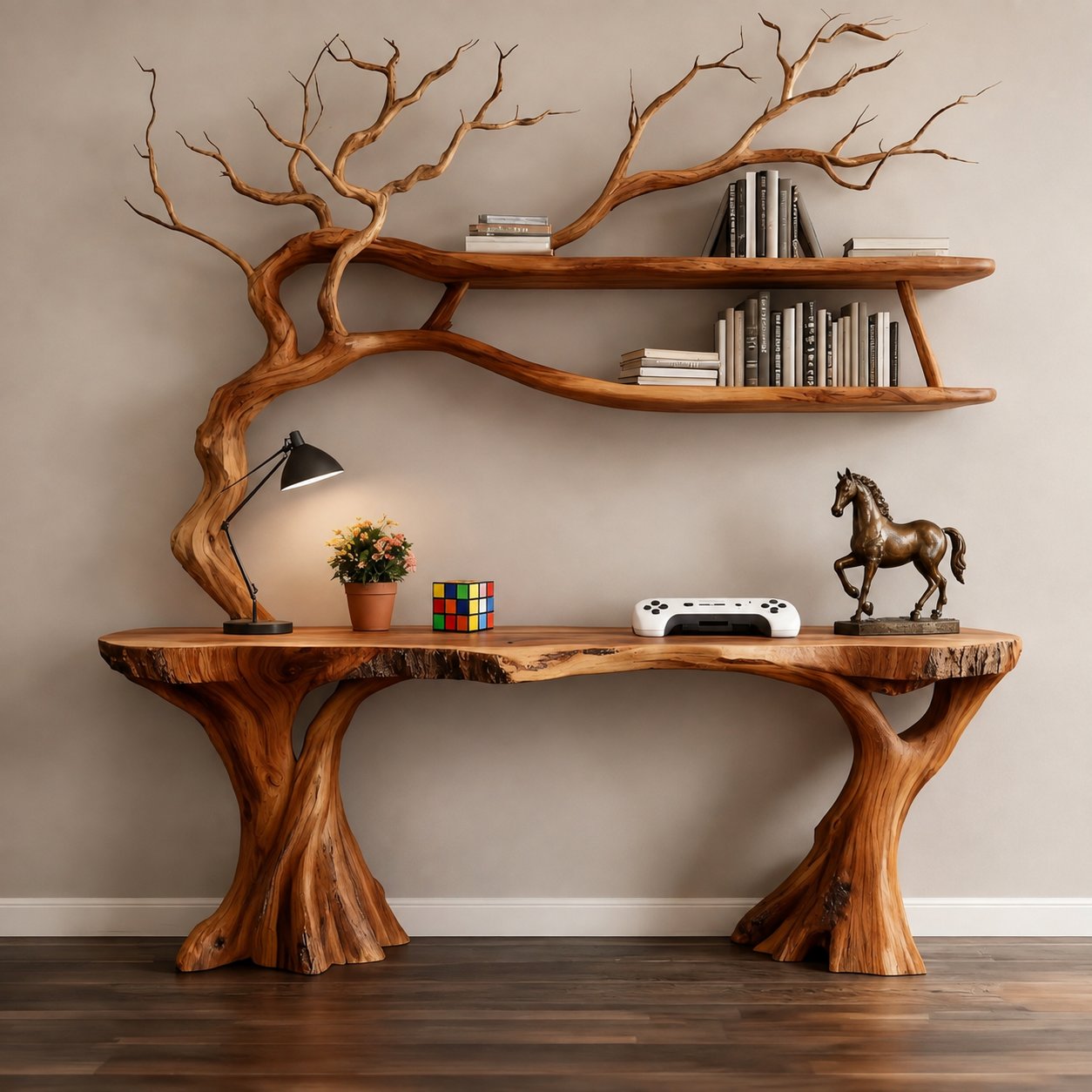 Solid Wood Live-Edge Console Table with Sculptural Tree Base for Entryway