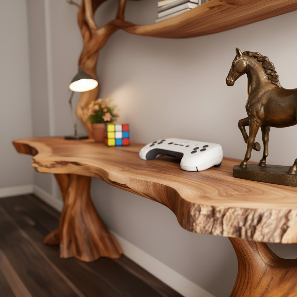 Solid Wood Live-Edge Console Table with Sculptural Tree Base for Entryway