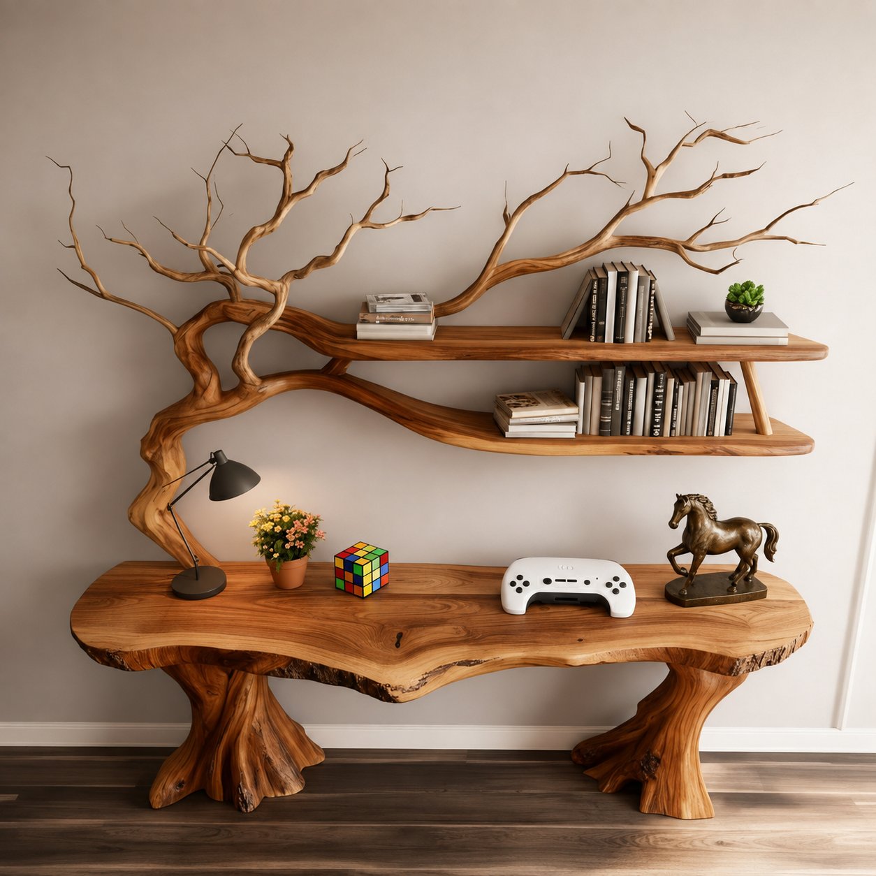 Solid Wood Live-Edge Console Table with Sculptural Tree Base for Entryway