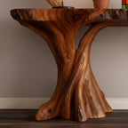 Solid Wood Live-Edge Console Table with Sculptural Tree Base for Entryway