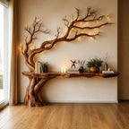 Solid Wood Driftwood Branch Console Table Live-Edge Top for Entryway Wall