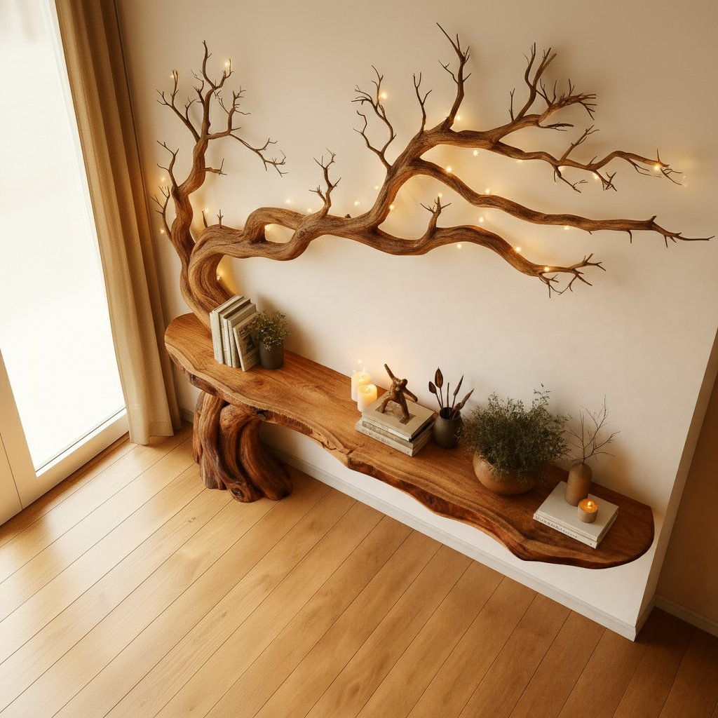 Solid Wood Driftwood Branch Console Table Live-Edge Top for Entryway Wall