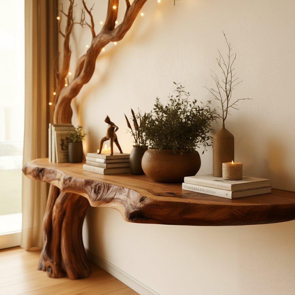 Solid Wood Driftwood Branch Console Table Live-Edge Top for Entryway Wall