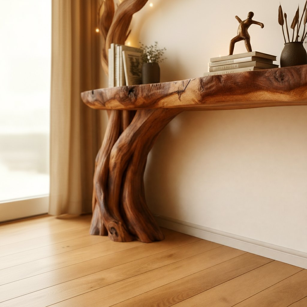 Solid Wood Driftwood Branch Console Table Live-Edge Top for Entryway Wall