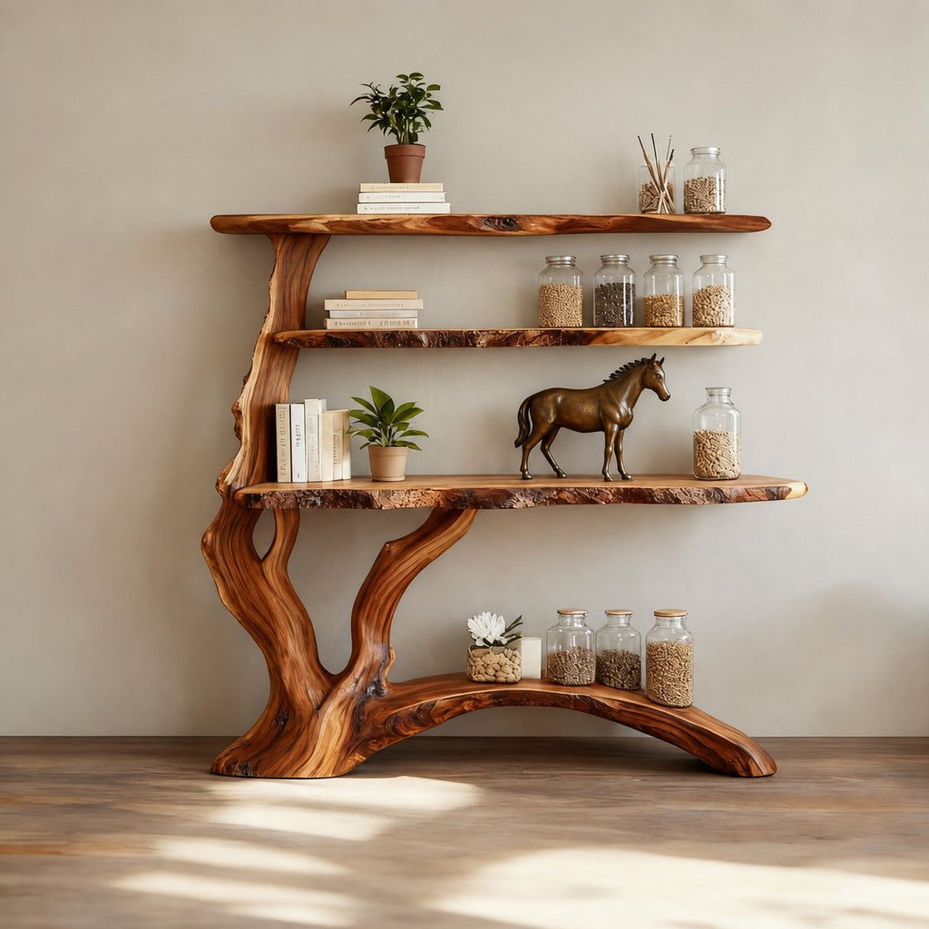 Solid Wood Tiered Live-Edge Console Table with Staggered Shelves for Living Room