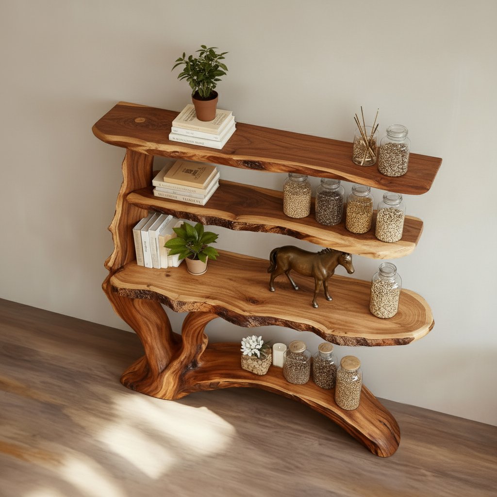 Solid Wood Tiered Live-Edge Console Table with Staggered Shelves for Living Room