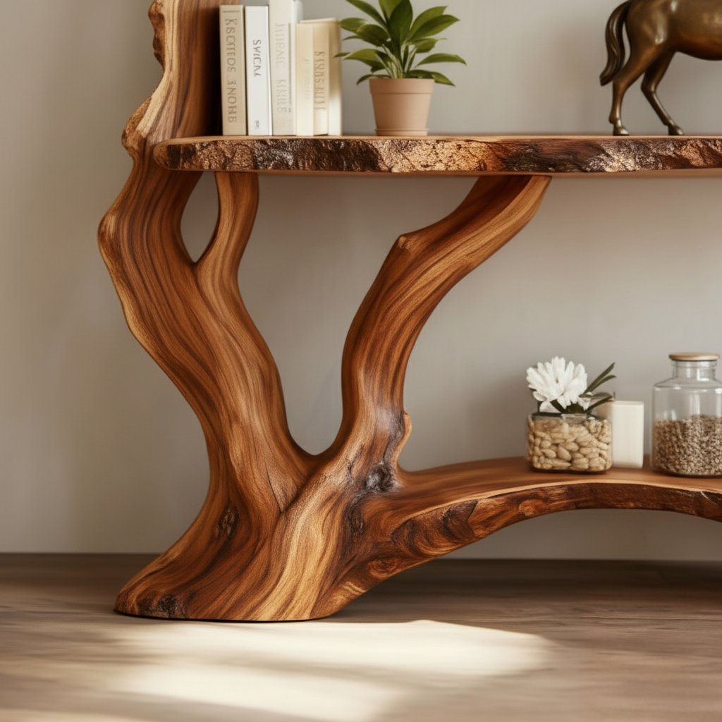 Solid Wood Tiered Live-Edge Console Table with Staggered Shelves for Living Room