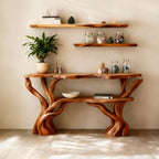 Solid Wood Tiered Live-Edge Console Table with Branch Base for Corner Entryway