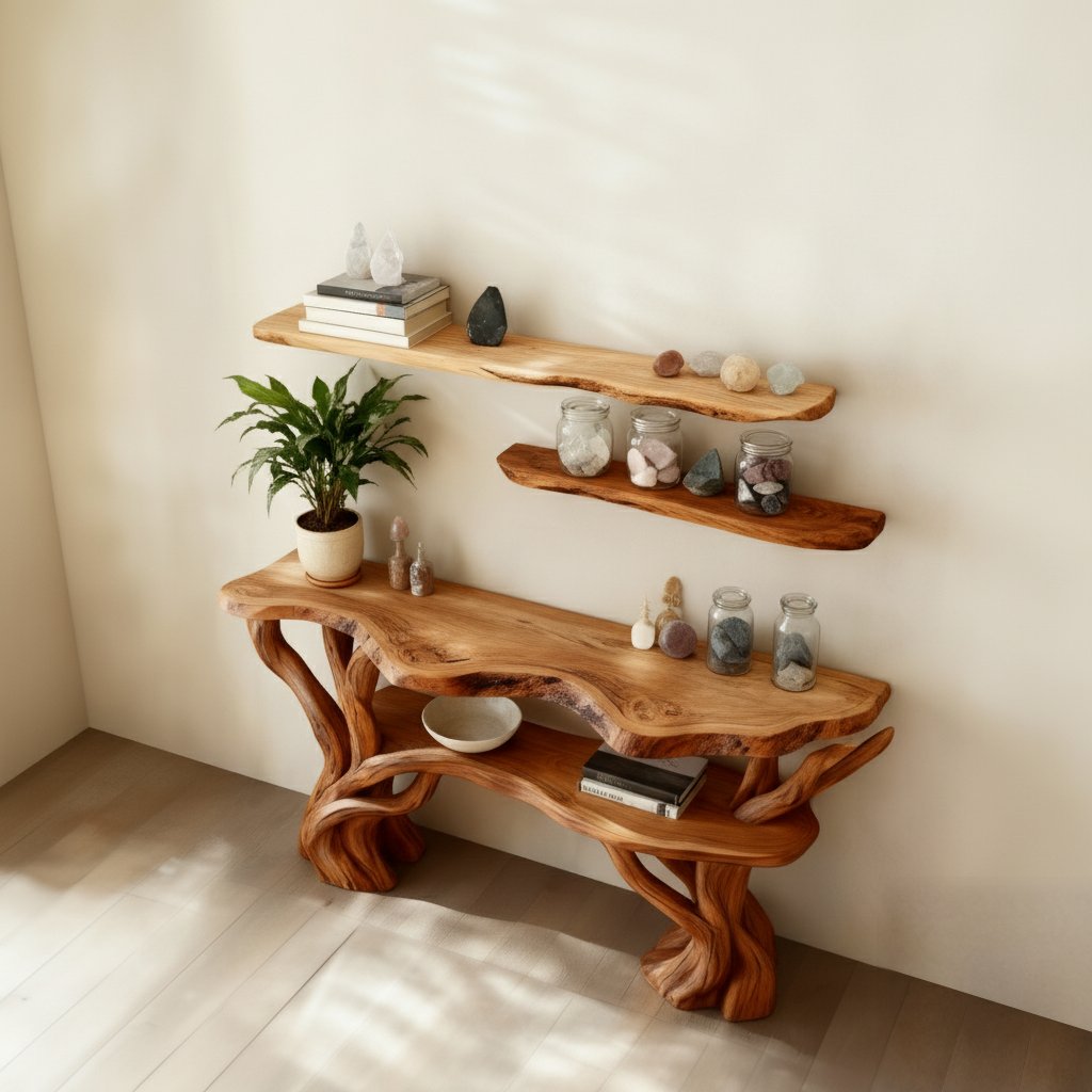 Solid Wood Tiered Live-Edge Console Table with Branch Base for Corner Entryway
