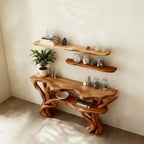 Solid Wood Tiered Live-Edge Console Table with Branch Base for Corner Entryway