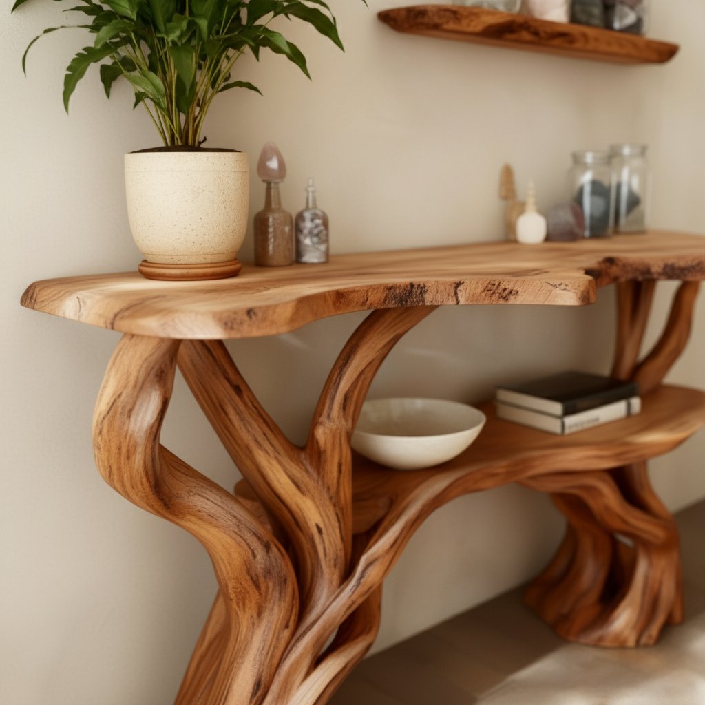 Solid Wood Tiered Live-Edge Console Table with Branch Base for Corner Entryway