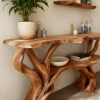 Solid Wood Tiered Live-Edge Console Table with Branch Base for Corner Entryway