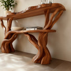 Solid Wood Tiered Live-Edge Console Table with Branch Base for Corner Entryway