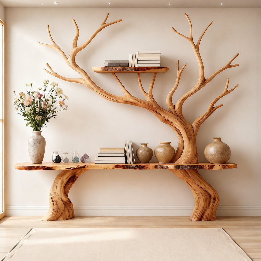 Solid Wood Live-Edge Console Table with Twisted Sculptural Legs for Entryway