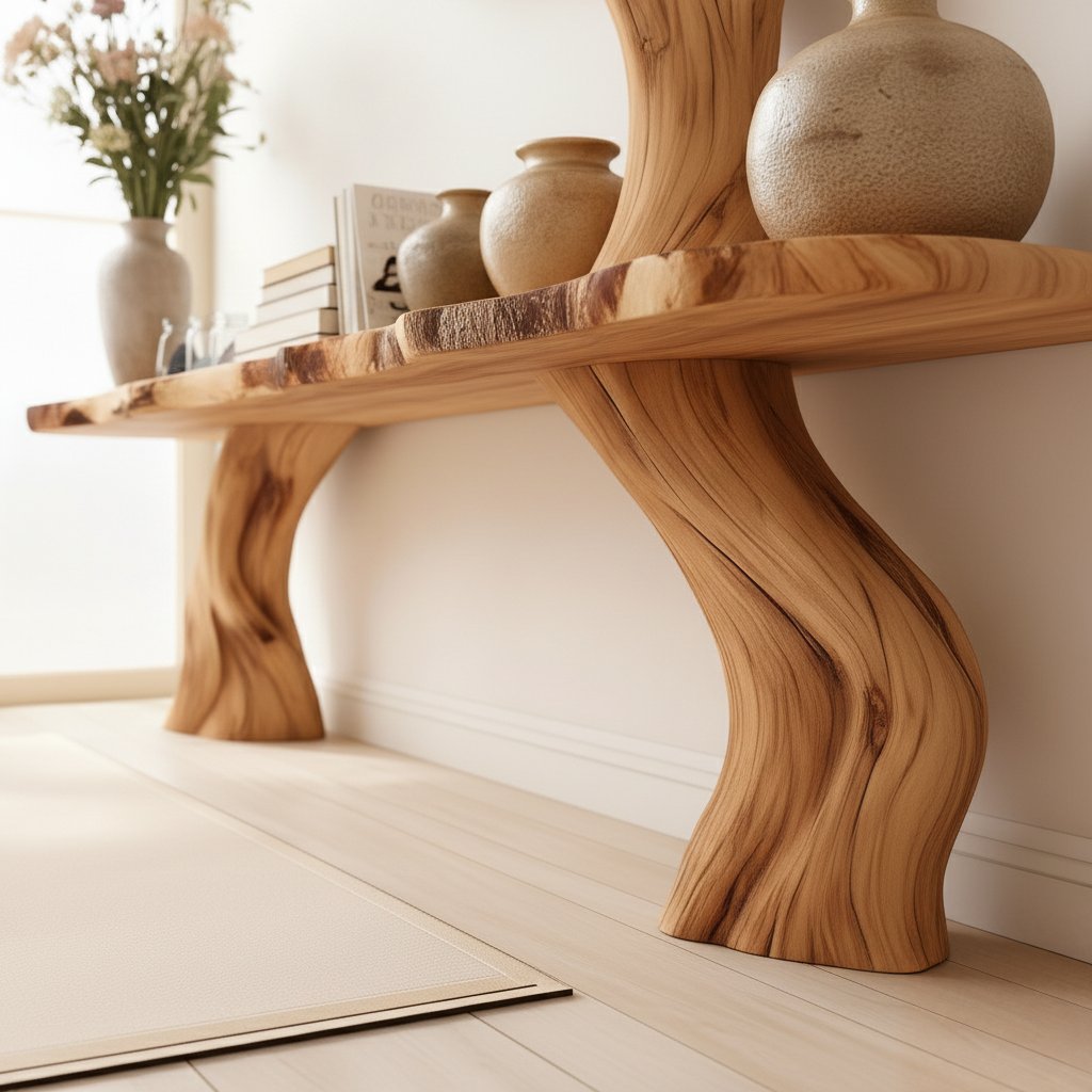 Solid Wood Live-Edge Console Table with Twisted Sculptural Legs for Entryway