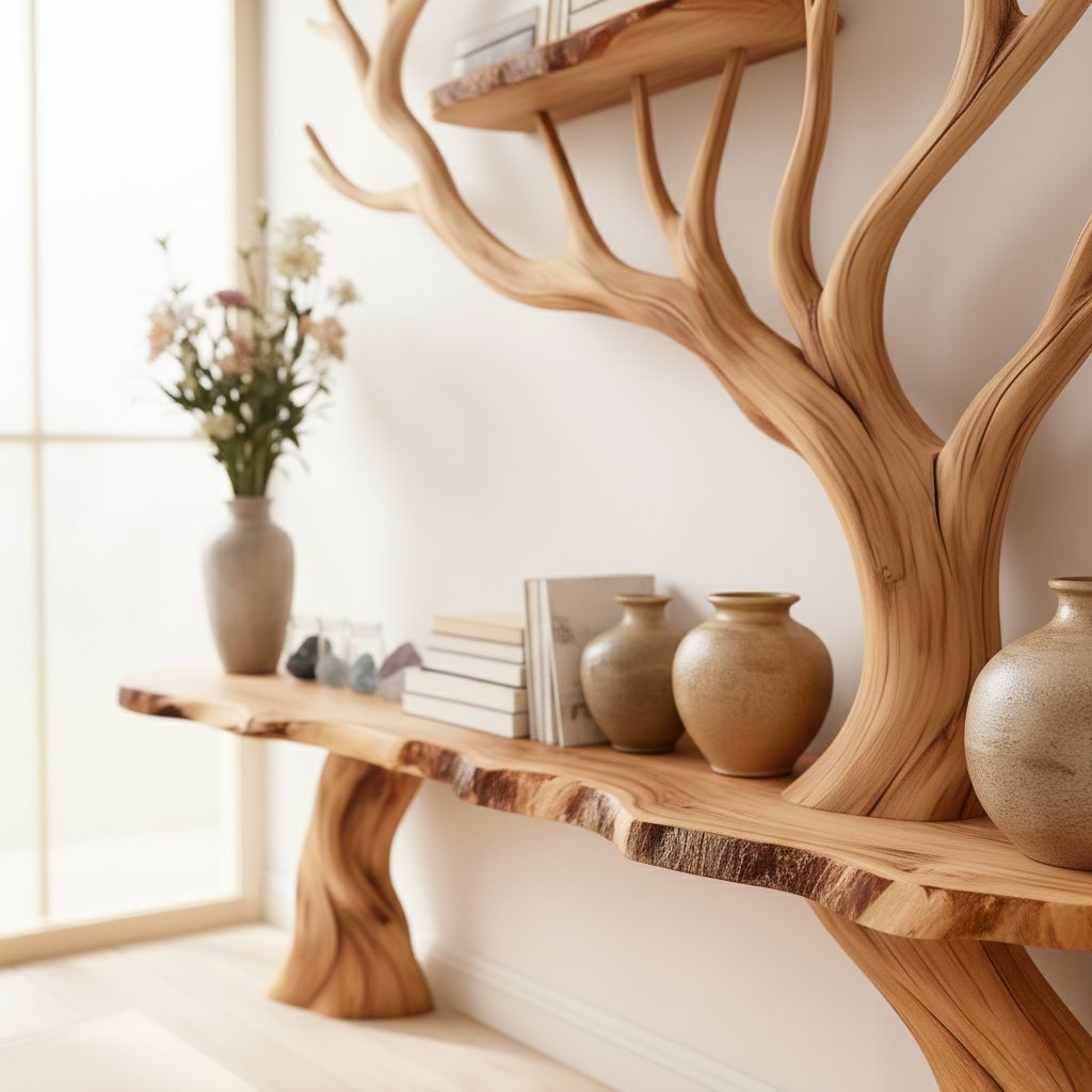 Solid Wood Live-Edge Console Table with Twisted Sculptural Legs for Entryway