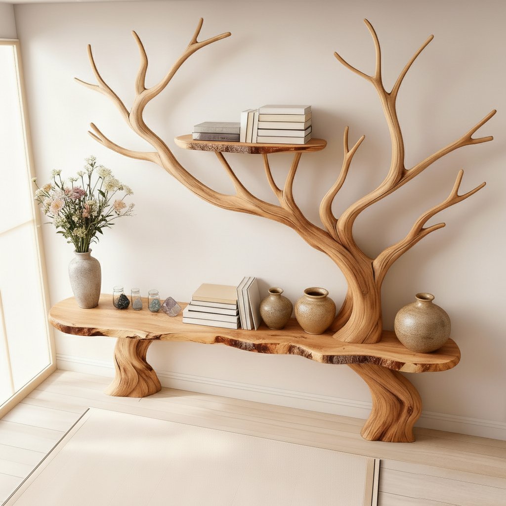 Solid Wood Live-Edge Console Table with Twisted Sculptural Legs for Entryway