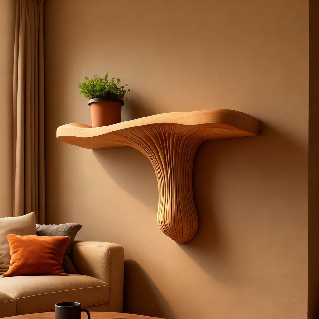 Solid Wood Wall Shelf with Sculptural Fan Live-Edge Base for Living Room