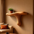 Solid Wood Wall Shelf with Sculptural Fan Live-Edge Base for Living Room
