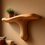 Solid Wood Wall Shelf with Sculptural Fan Live-Edge Base for Living Room