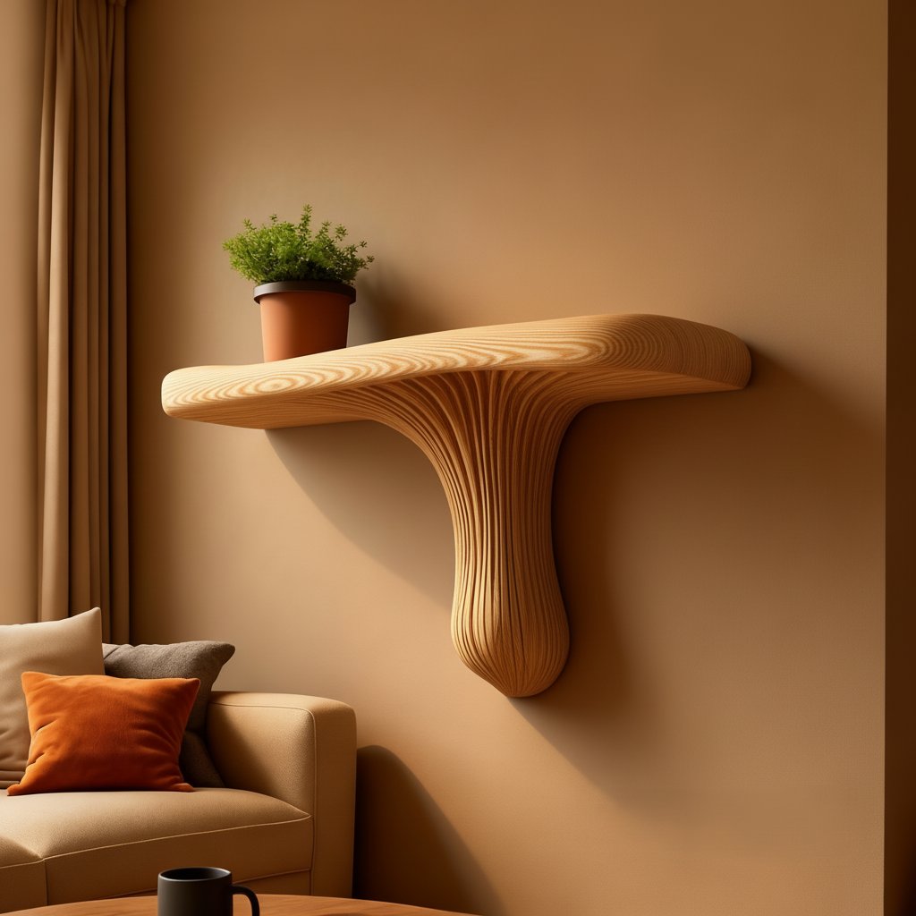 Solid Wood Wall Shelf with Sculptural Fan Live-Edge Base for Living Room