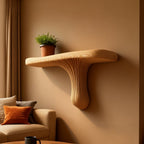 Solid Wood Wall Shelf with Sculptural Fan Live-Edge Base for Living Room