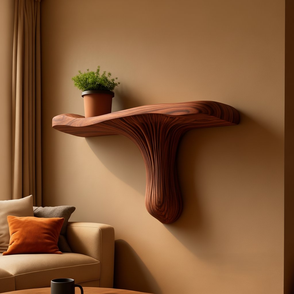 Solid Wood Wall Shelf with Sculptural Fan Live-Edge Base for Living Room