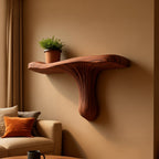 Solid Wood Wall Shelf with Sculptural Fan Live-Edge Base for Living Room