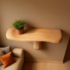 Solid Wood Wall Shelf with Sculptural Fan Live-Edge Base for Living Room