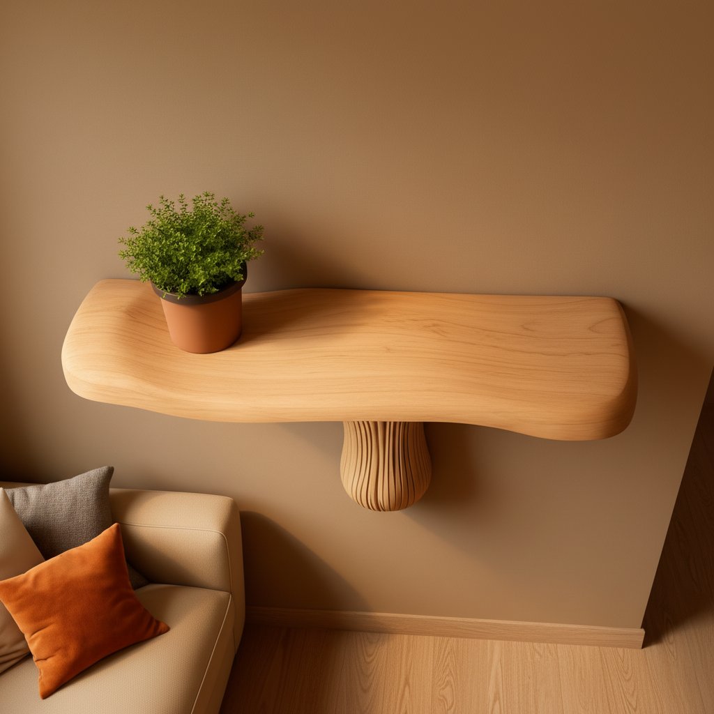 Solid Wood Wall Shelf with Sculptural Fan Live-Edge Base for Living Room