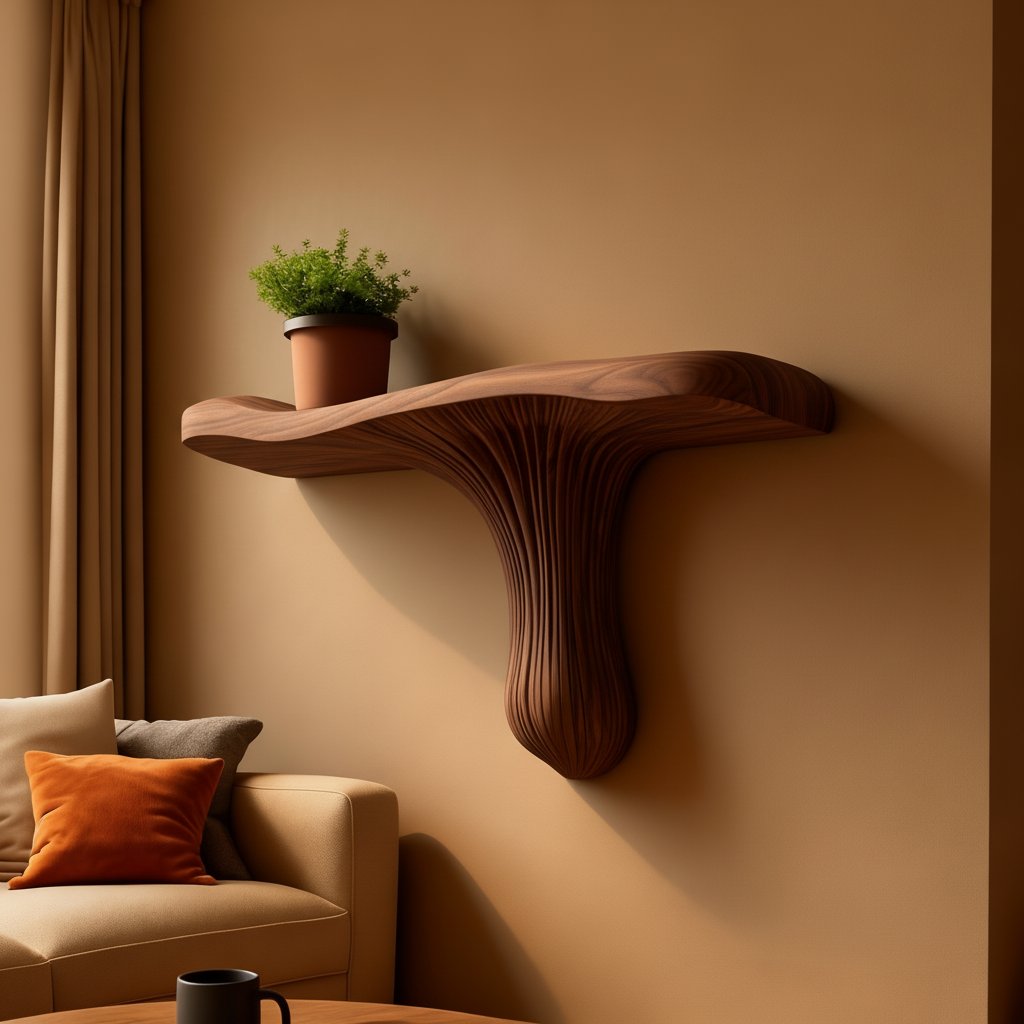 Solid Wood Wall Shelf with Sculptural Fan Live-Edge Base for Living Room
