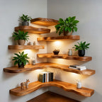 Solid Wood Corner Shelf Tiered Live-Edge Ladder Display for Plants and Books
