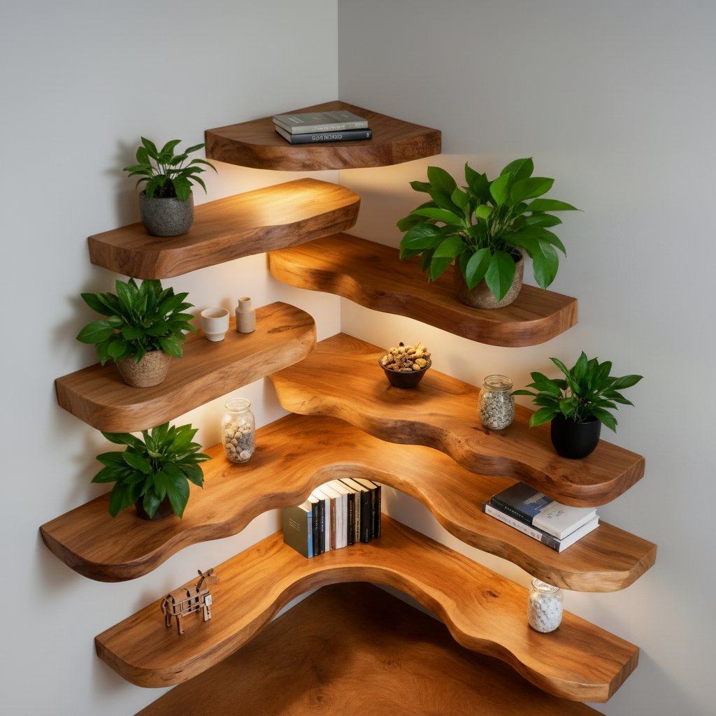 Solid Wood Corner Shelf Tiered Live-Edge Ladder Display for Plants and Books