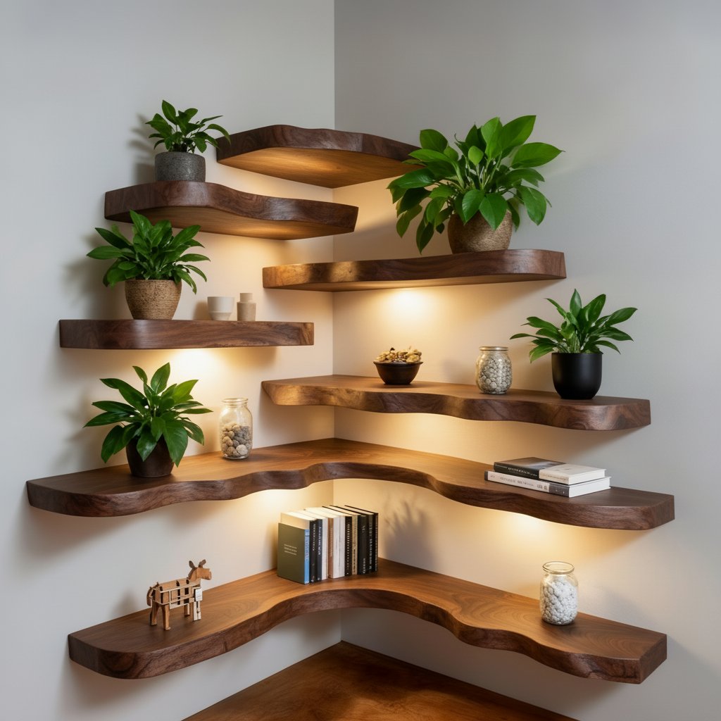 Solid Wood Corner Shelf Tiered Live-Edge Ladder Display for Plants and Books