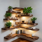 Solid Wood Corner Shelf Tiered Live-Edge Ladder Display for Plants and Books