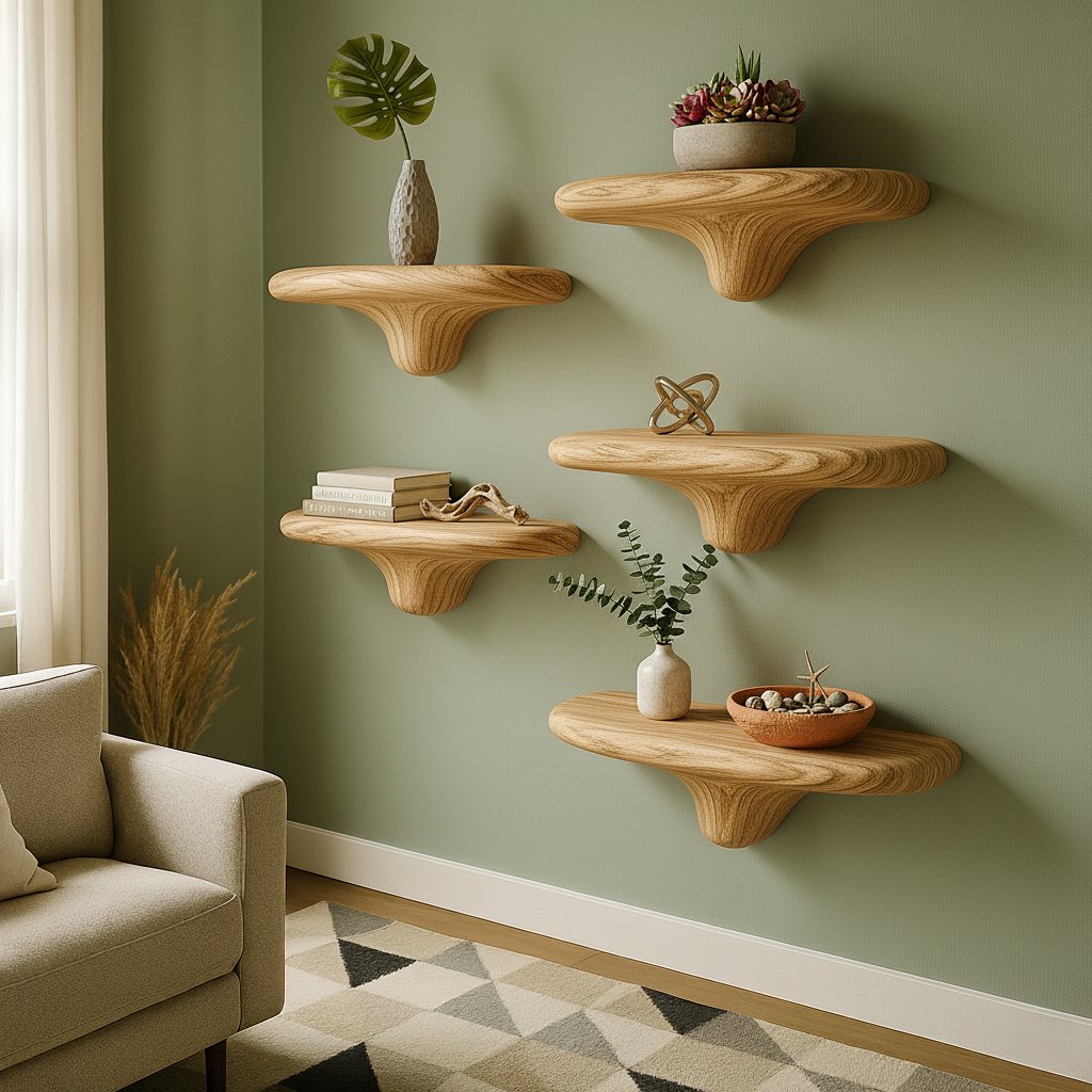 Solid Wood Wall Shelf Set Dark Organic Floating Ledges for Living Room