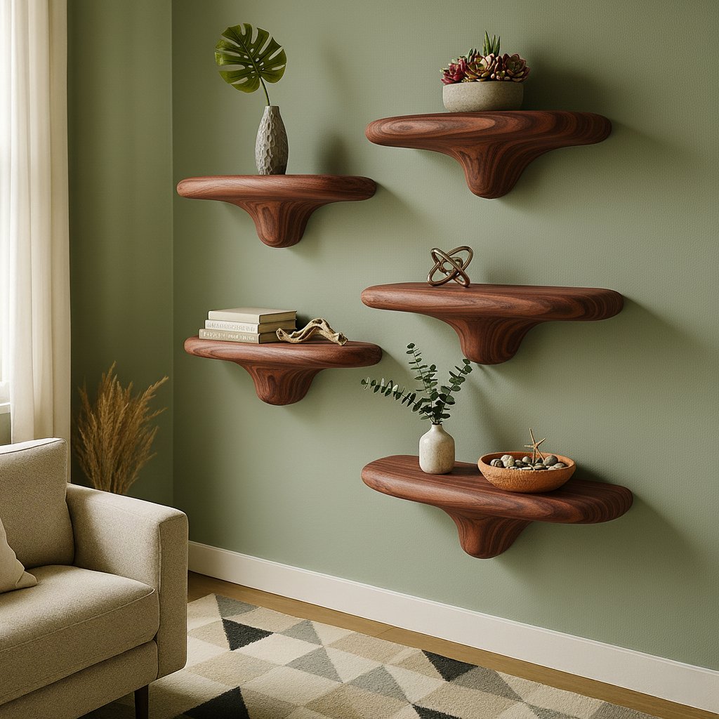 Solid Wood Wall Shelf Set Dark Organic Floating Ledges for Living Room