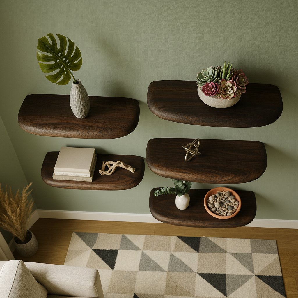Solid Wood Wall Shelf Set Dark Organic Floating Ledges for Living Room