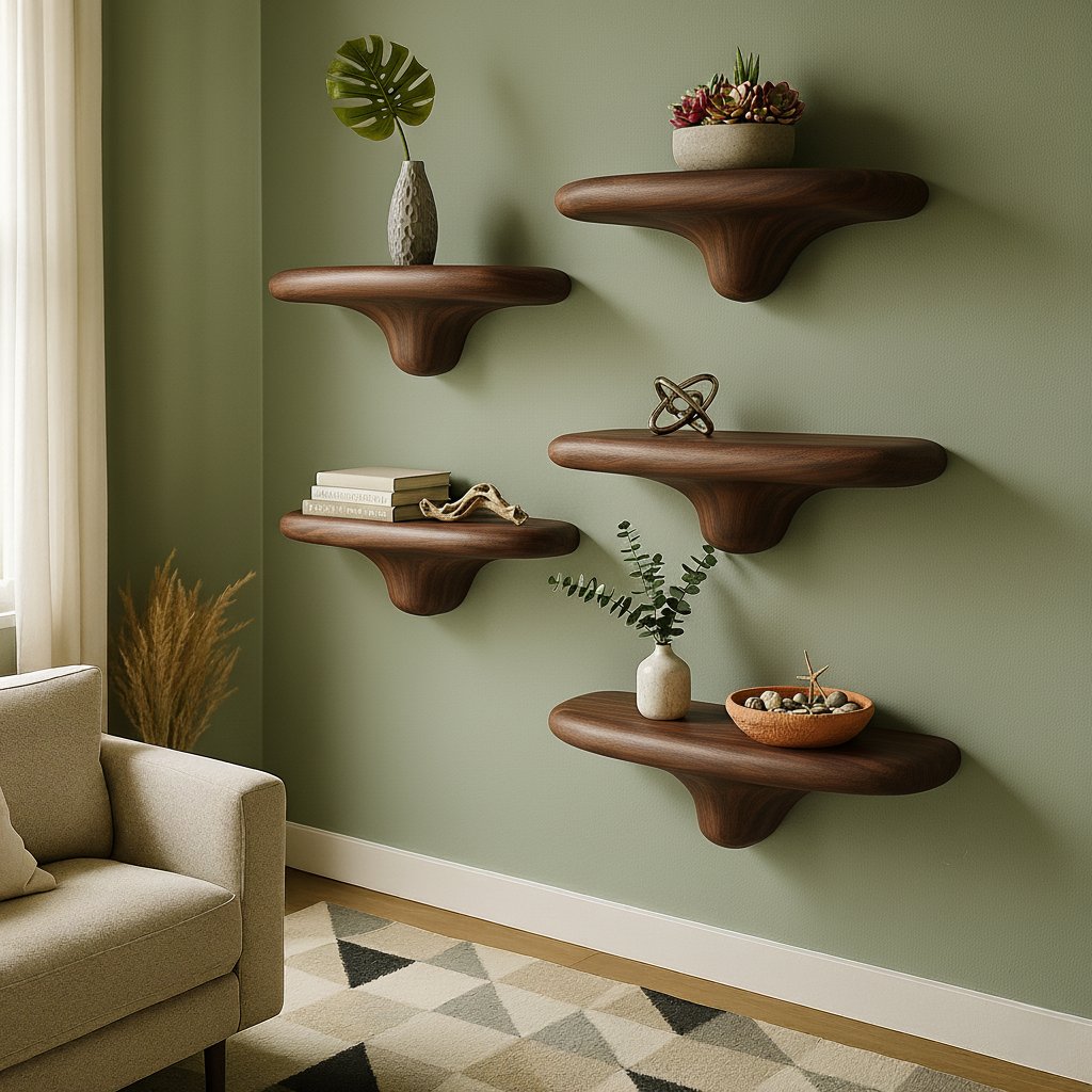 Solid Wood Wall Shelf Set Dark Organic Floating Ledges for Living Room